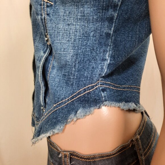 Vintage 90s Y2K Denim Vest Top Blue Sleeveless Button Front Size S - Picture 6 of 9
